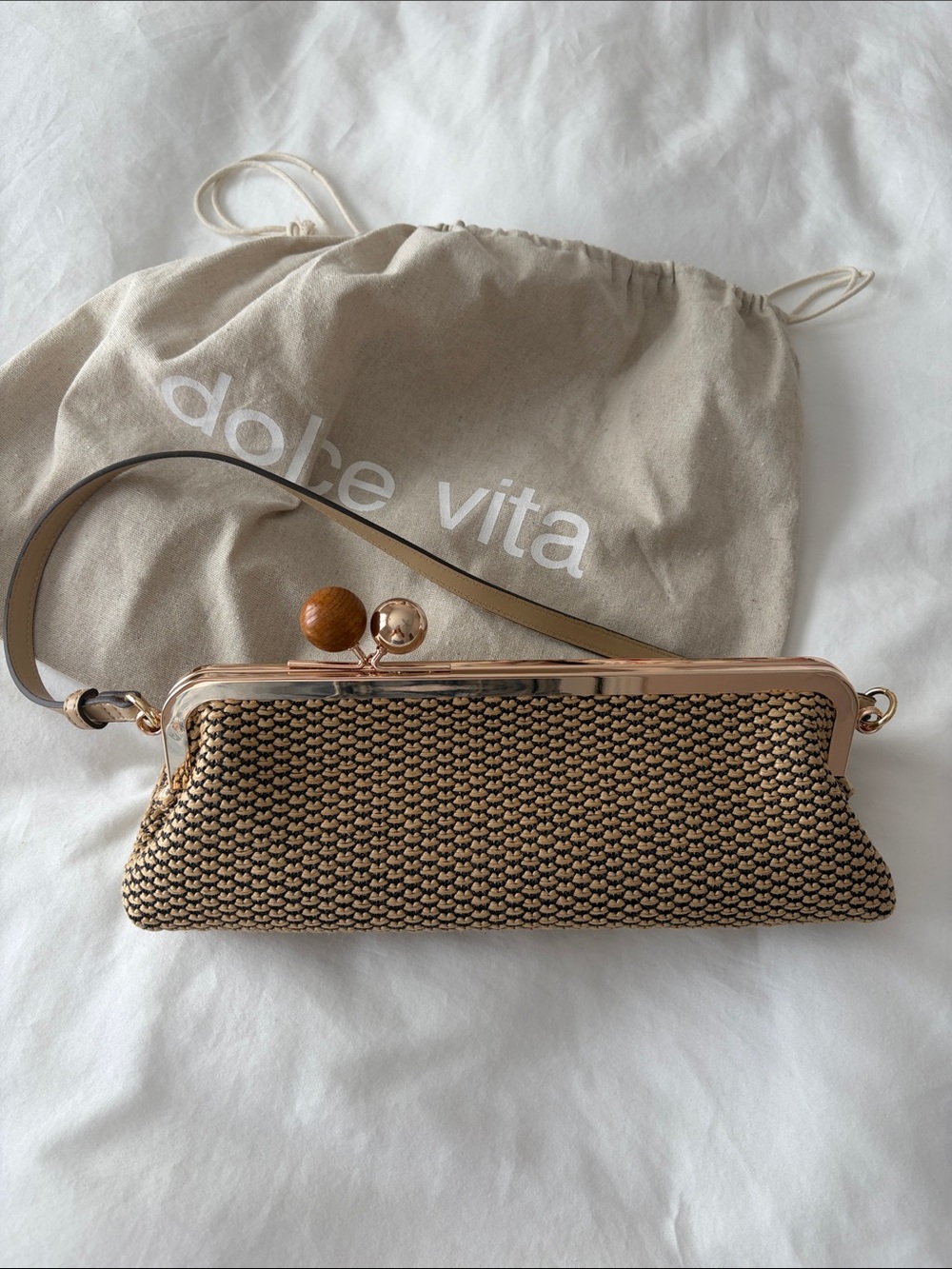 Dolce Vita Beige Woven Clutch with Rose Gold Trim
